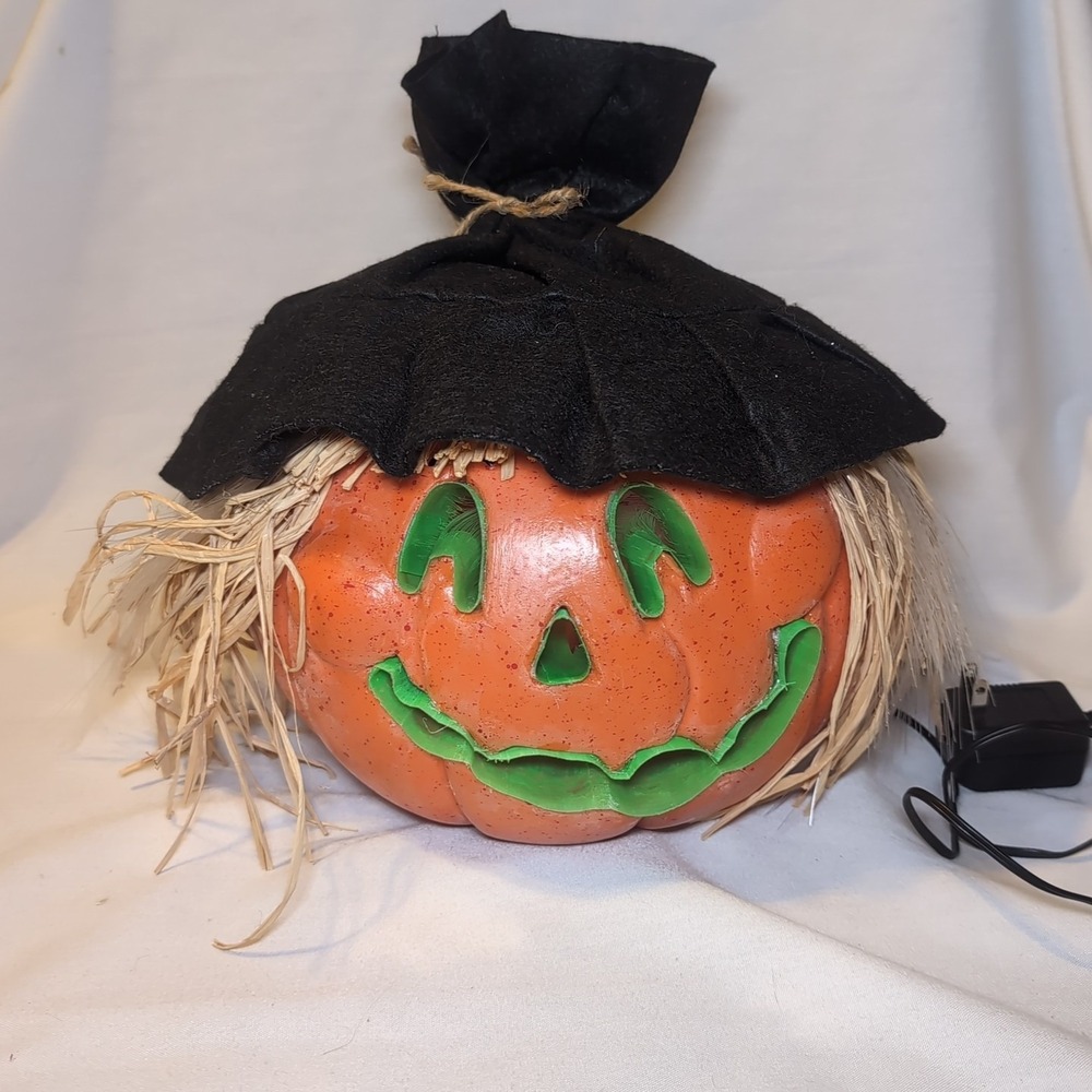 Vintage Halloween Fiber Optic Jack-O-Lantern Head Scarecrow Blow Mold  WORKS